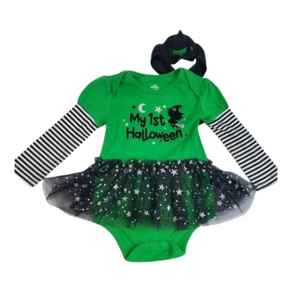 My First Halloween Green and Black Baby Girl Costume with Matching Hat Tutu - Picture 1 of 9